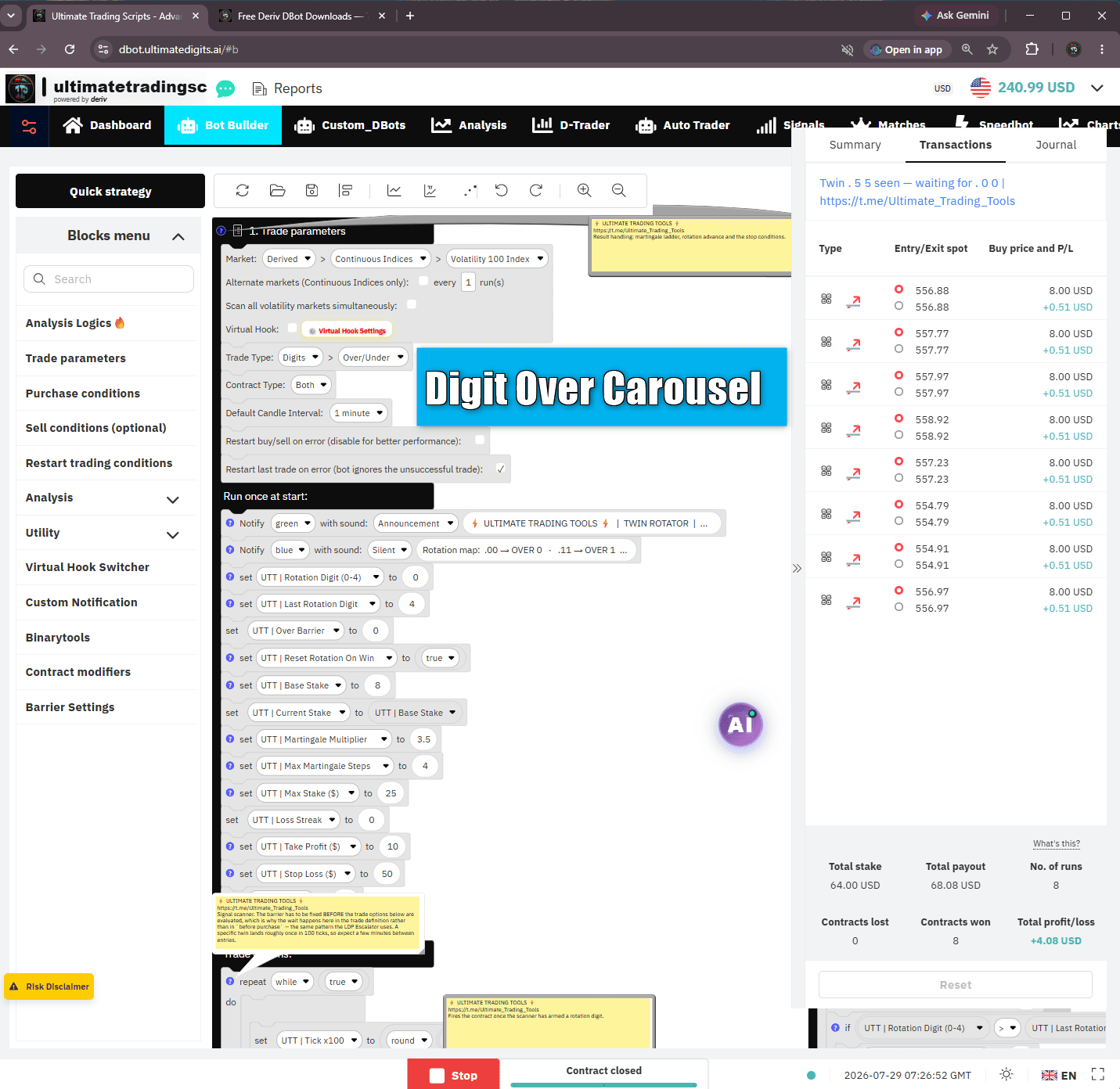Digit Over Carousel — Deriv DBot Strategy For Volatility 100 Digit Over
