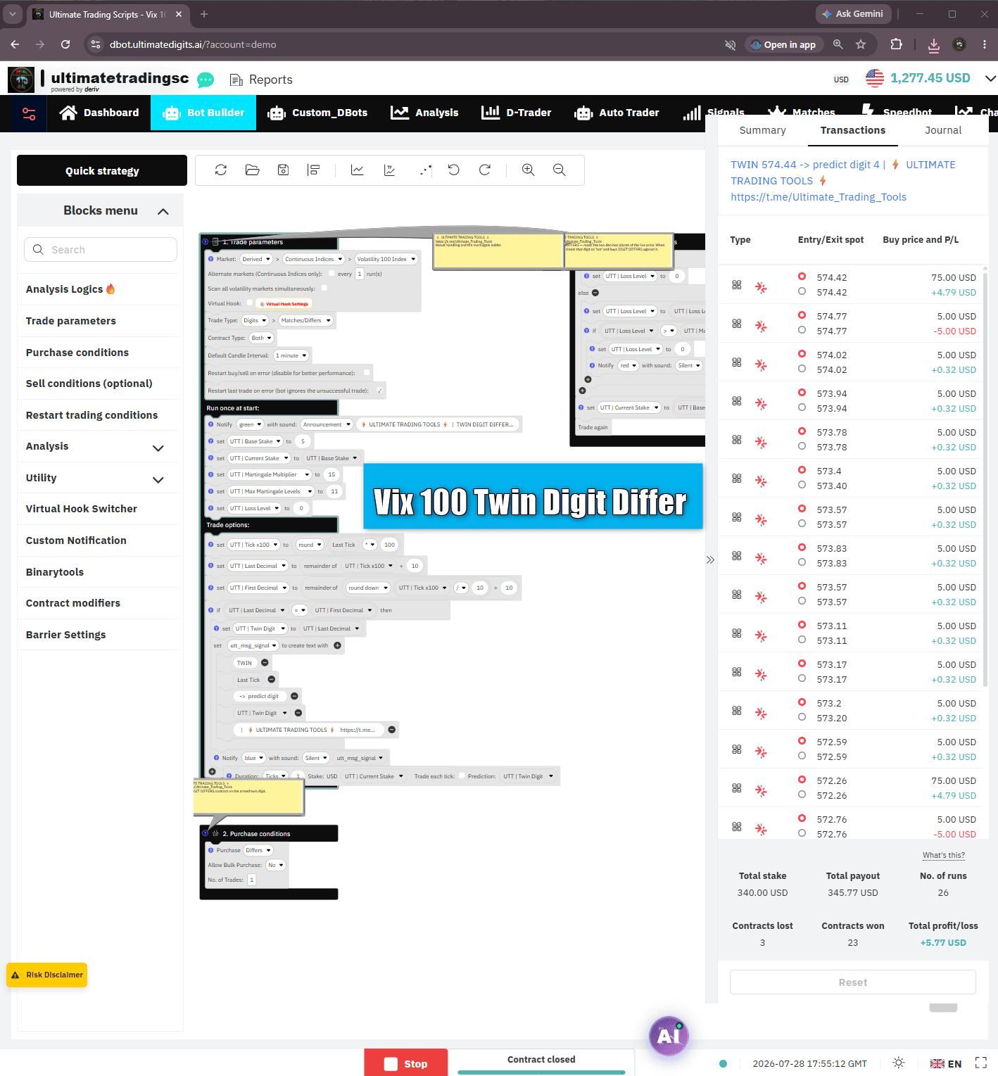 Twin Digits Differ Deriv DBot strategy — Ultimate Trading Tools