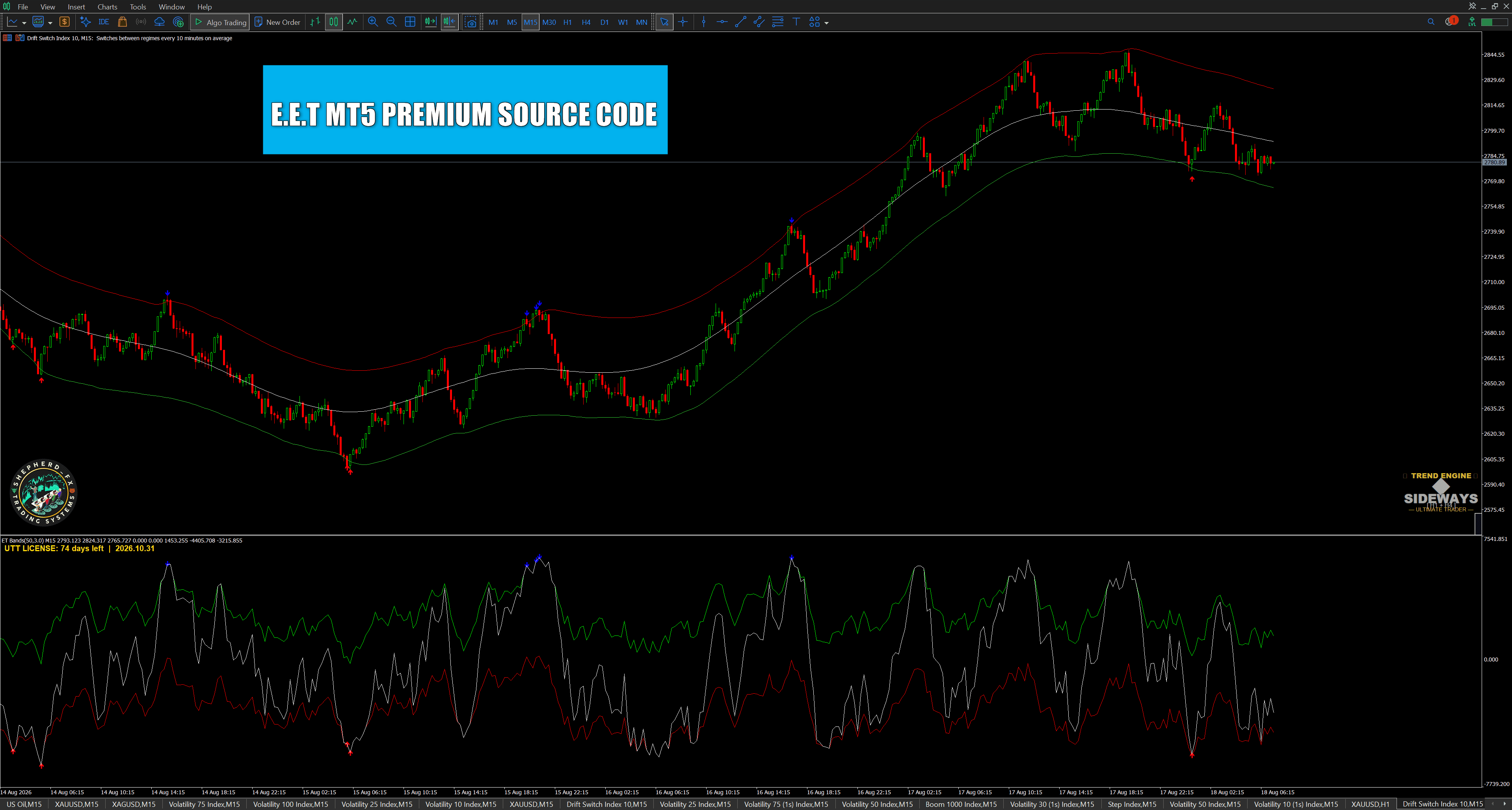 E.E.T MT5 Premium Source Code running on a Drift Switch Index M15 chart with elastic bands, momentum arrows, Trend Engine panel and ET Bands oscillator